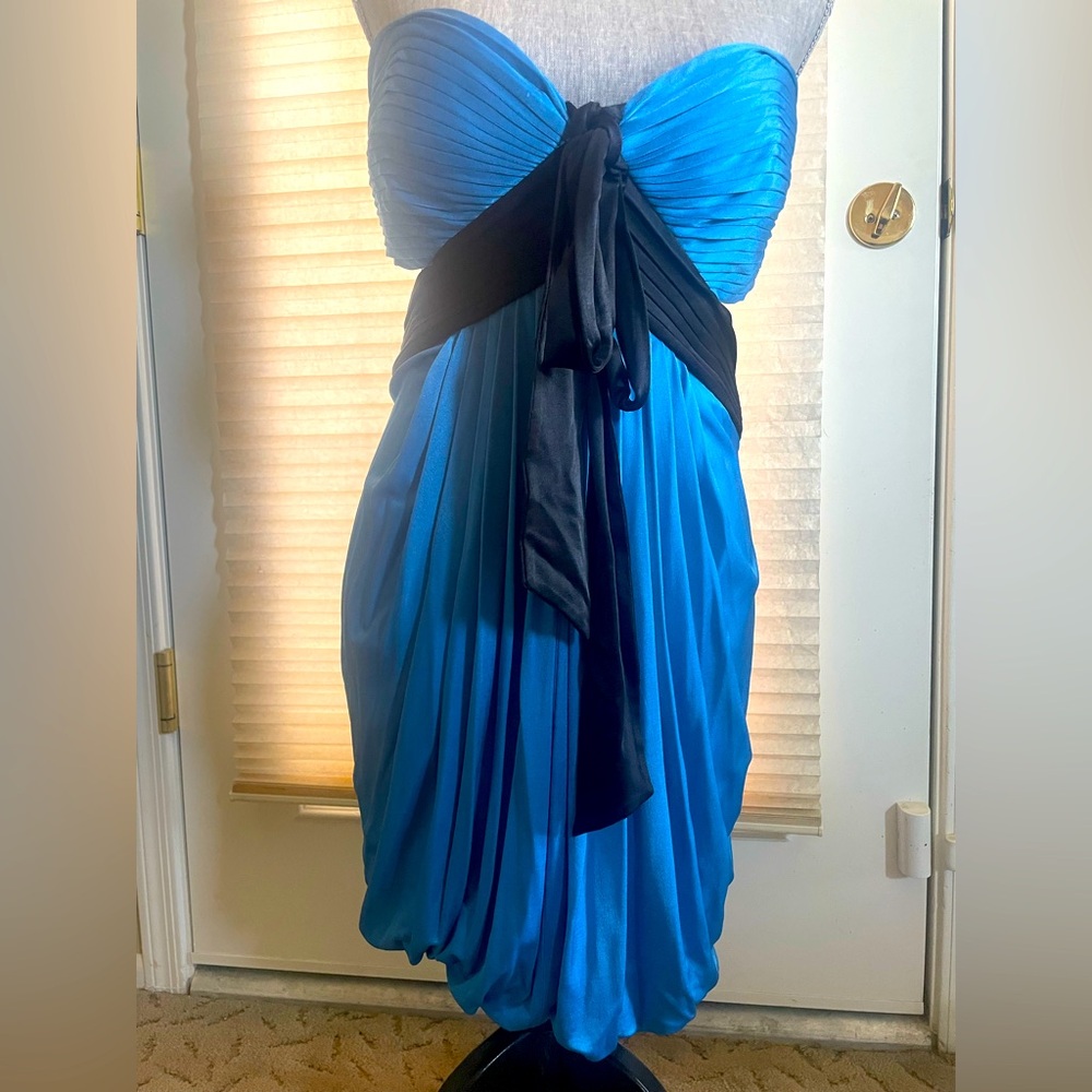 BCBGMaxAzria Strapless Ruched Blue and Black Dress